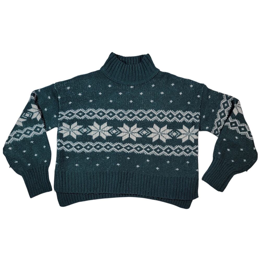 Pink Rose Fair Isle Nordic Turtleneck Sweater Women SM Cropped Winter Snowflake